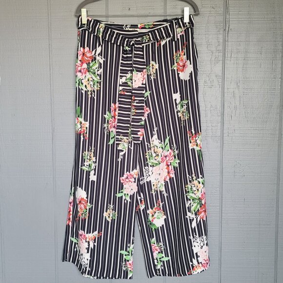 Emma & Olivia Pants - Emma & Olivia Multicolor Floral Print Striped Wide-Leg Cropped Pants. Size 8